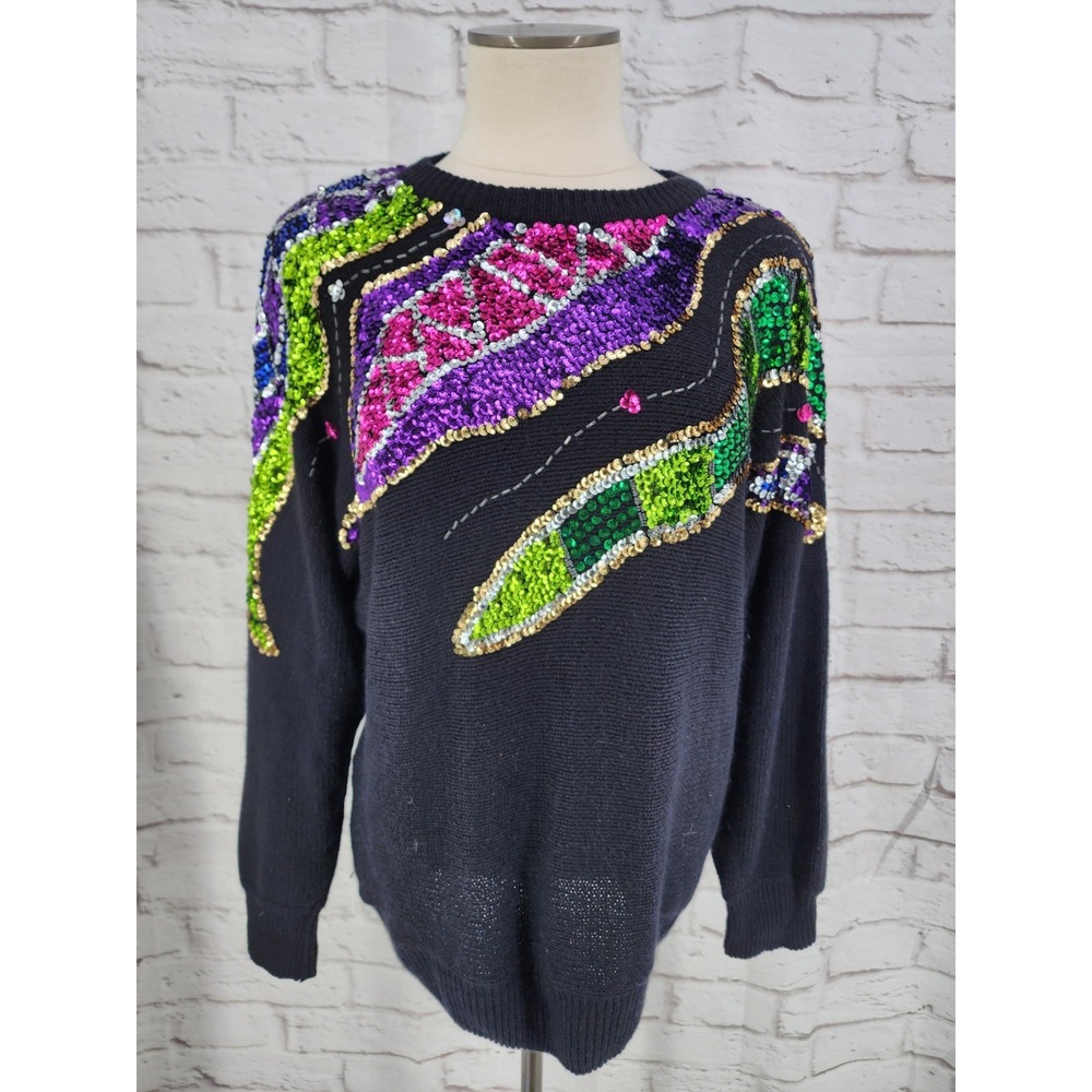 Vintage Silk Sequin Sweater Angora Maximalist Retro Glam Party Eclectic Large